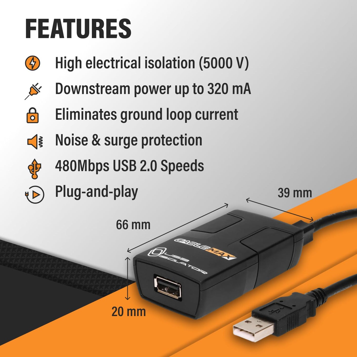 Cablemax 2.0 USB Isolator - High-Speed 480Mbps Data Transfer, 5000V Galvanic Isolation, Ground Loop Eliminator, Surge Protector for Audio Interfaces