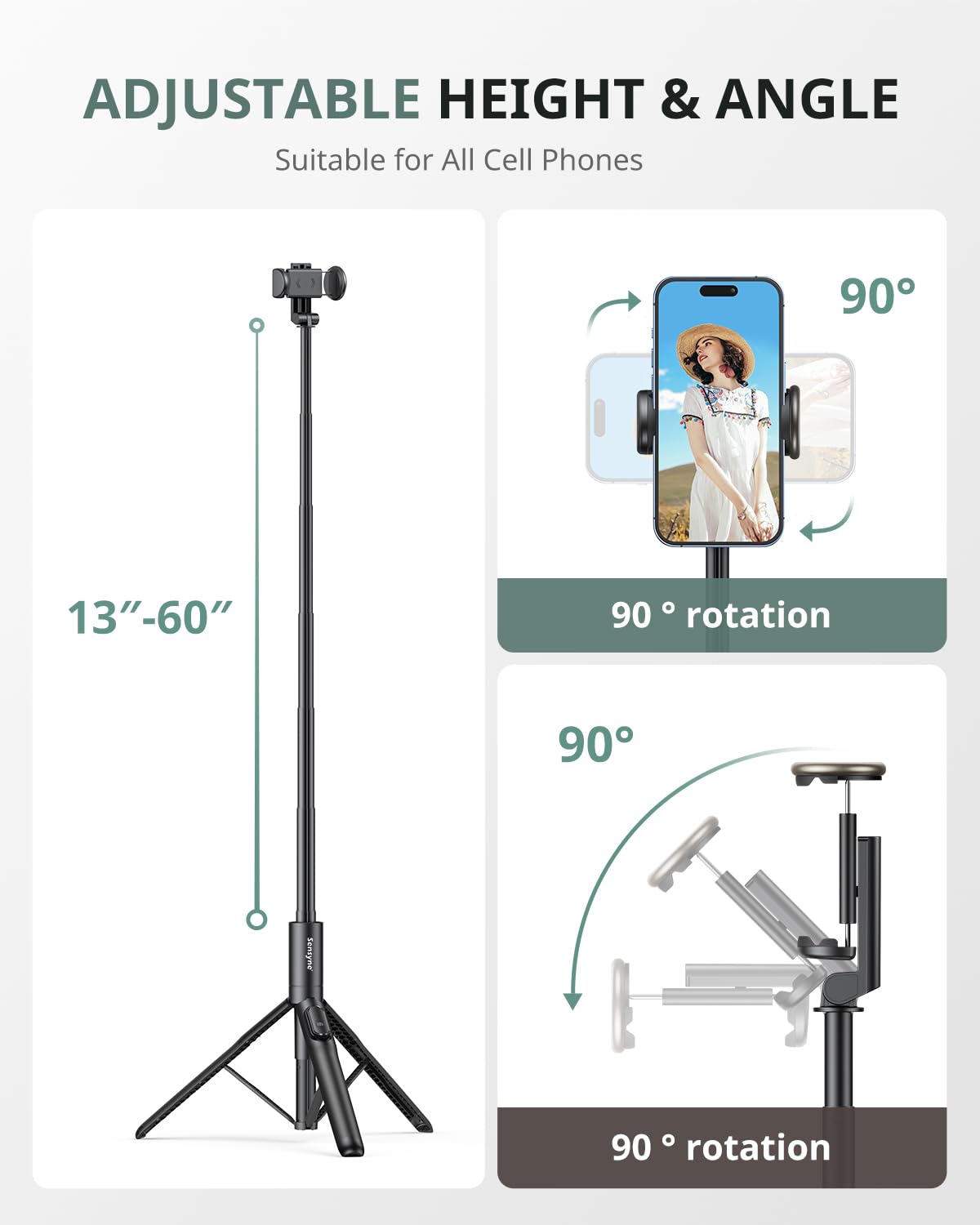 Sensyne 60" Phone Tripod - Selfie Stick, Lightweight All in One Phone Tripod Integrated with Wireless Remote Compatible with All Cell Phones for