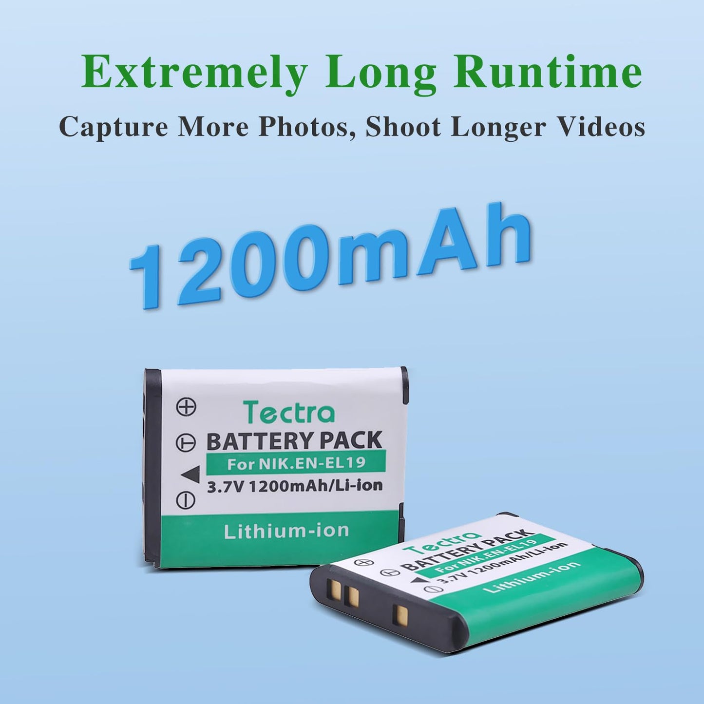 Tectra 2-Pack EN-EL19 Battery + LCD USB Charger for Nikon Coolpix S3500 S2500 S3100 S3200 S3300 S3400 S3500 S4100 S4300 S6500 A100 S32 S33 S100