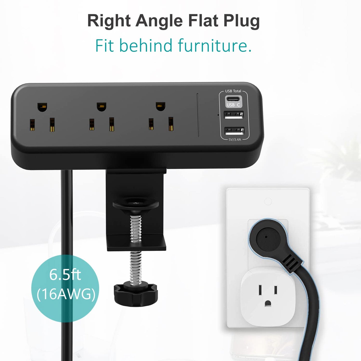 Desk Clamp Power Strip with USB C, 3 Outlet Desktop Mount Power Station Removable Clamp Socket with 6.5 ft Extension Cord, Fit 1.7 inch Tabletop Edge