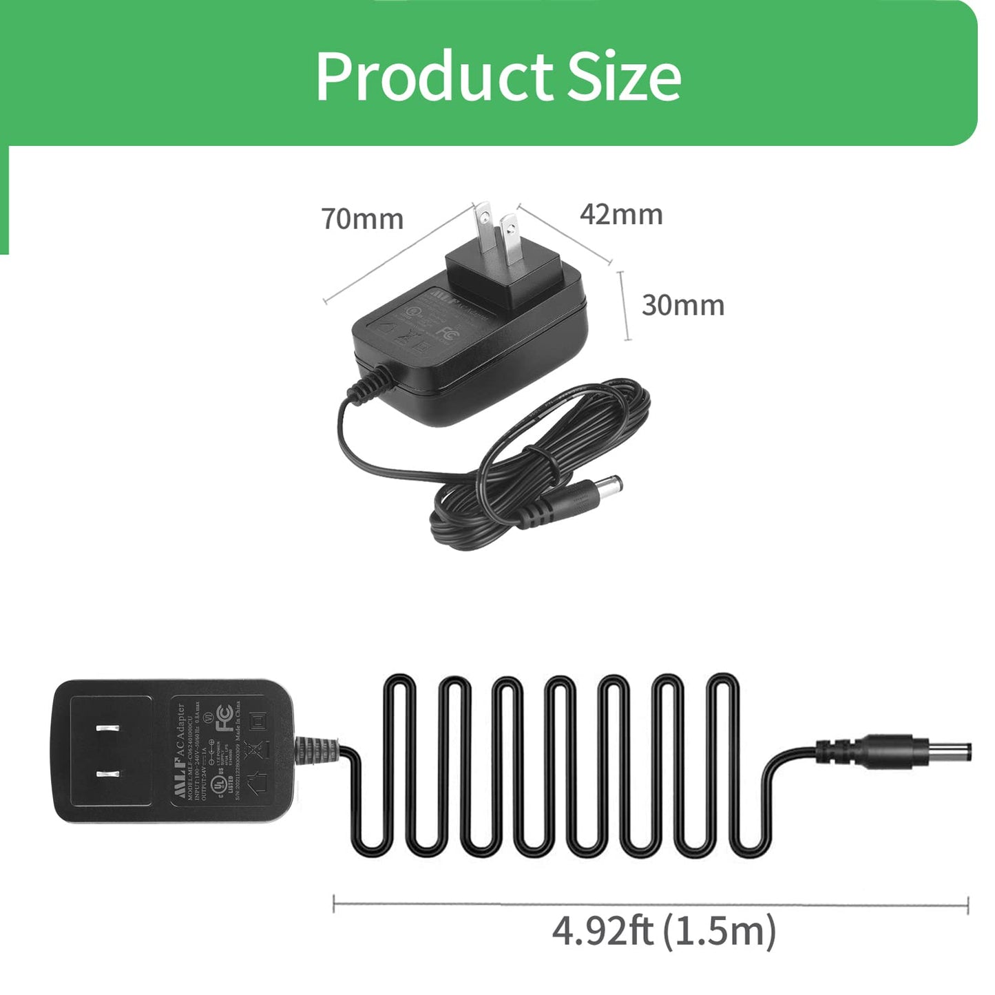 [UL Certified] AC to DC 24V 0.5A 500mA Power Supply Adapter, Plug 5.5mm x 2.1mm UL Listed FCC