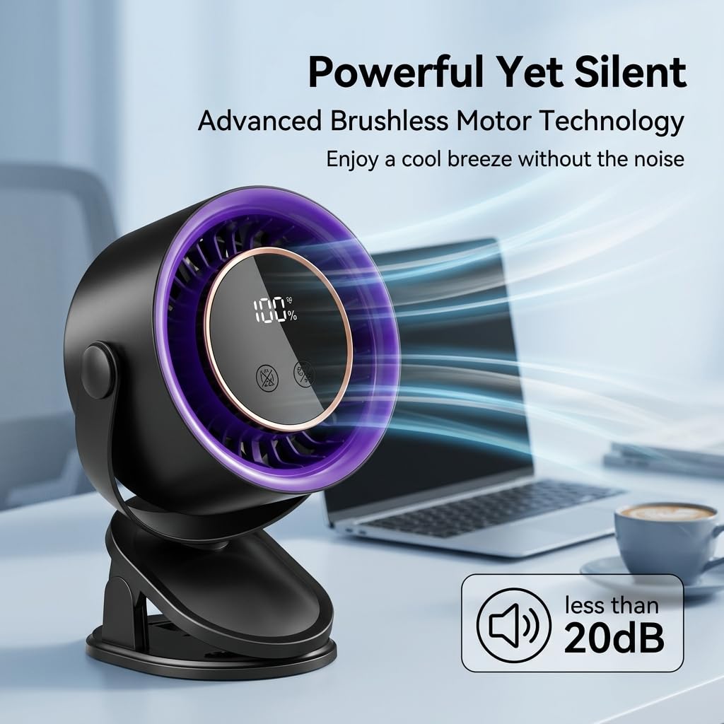 KSBTPST 3-in-1 Portable Clip-on Fan, 199 Speed Adjustable USB Rechargeable with LED Display, 360 Rotatable High Wind, 17H Long Battery Life