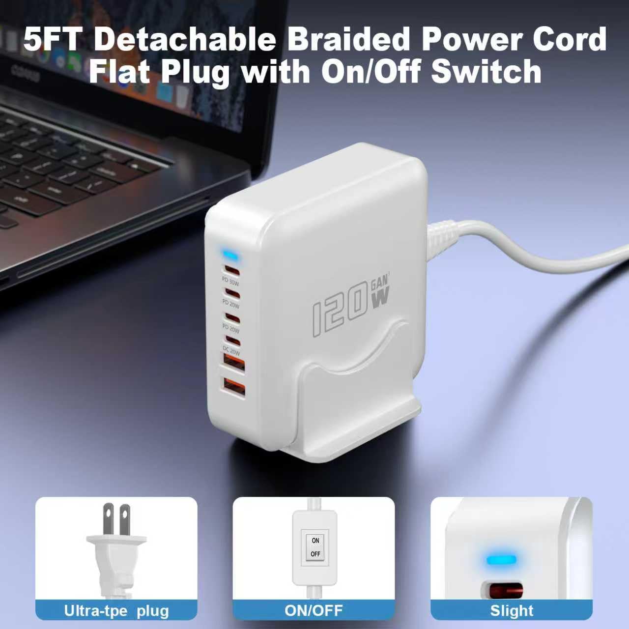 USB C Fast Charger Block, 120W 6-Port Charging Station GaN Hub Adapter, USB C Wall Multi Charger Power Strip Plug with On/Off Switch for iPad iPhone