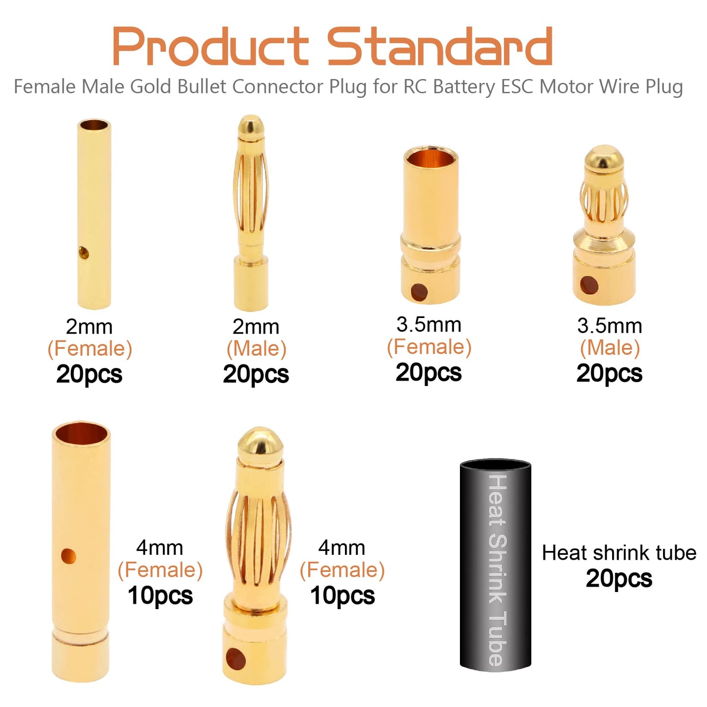 Ruikarhop 100 PCS RC Bullet Connectors 2mm 3.5mm 4mm Female Male Gold Banana Bullet Connector Plug with Heat Shrink Tube