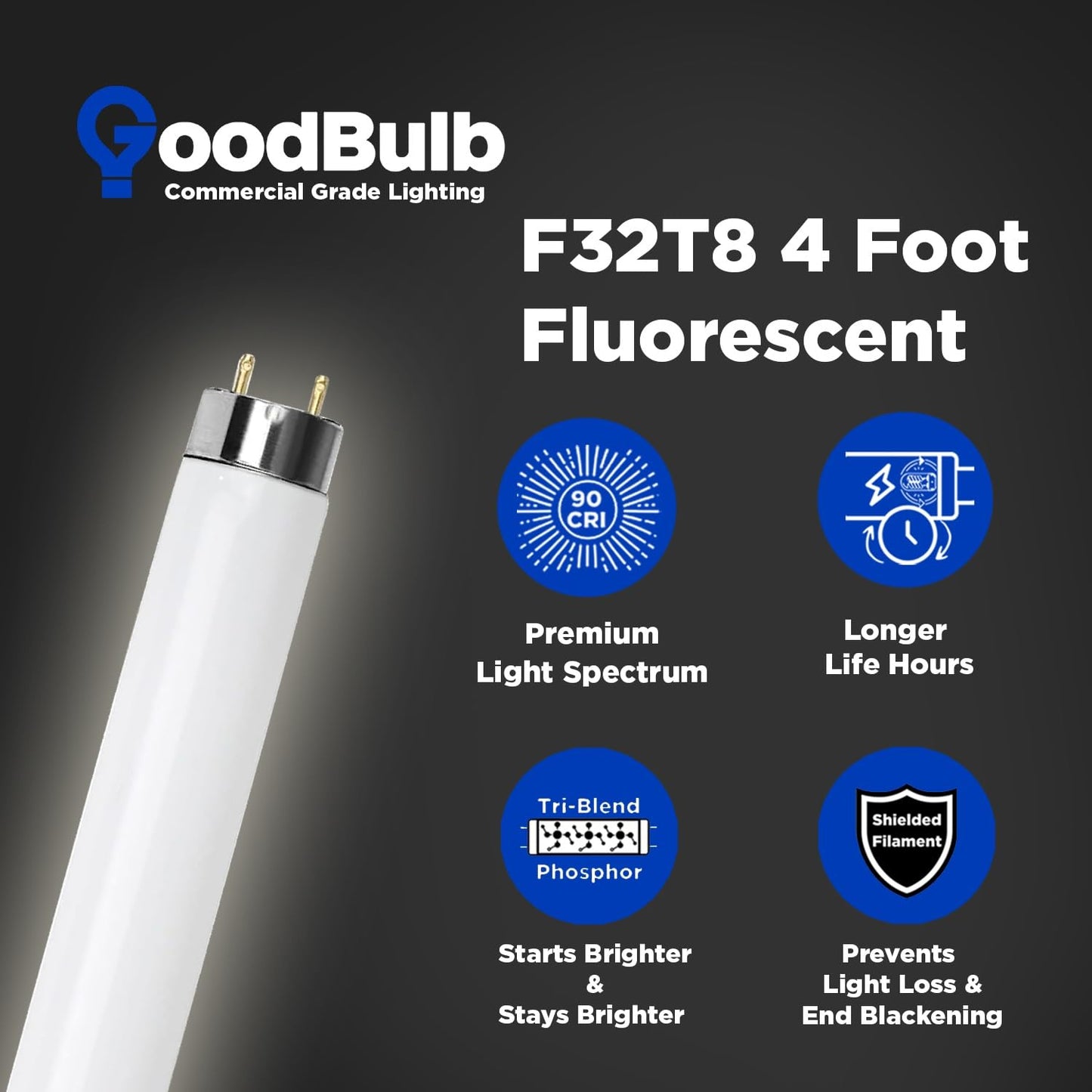 GoodBulb 32-Watt 48 Inch T8 Fluorescent Light Bulb 5000K Daylight White Light Color Medium Bi-Pin Base 3050 Lumens 86 CRI 24000 Life Hours
