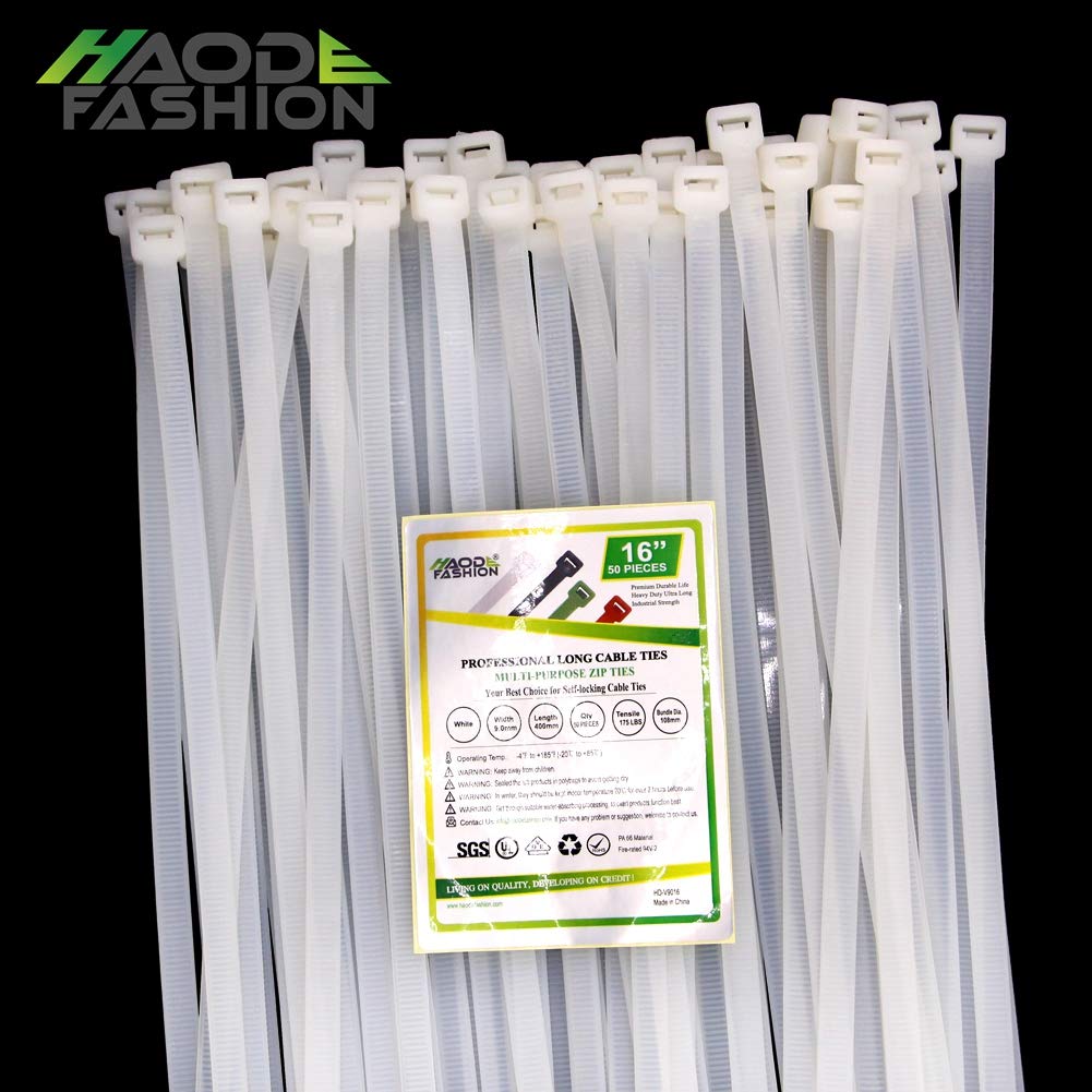 HAODE FASHION Heavy Duty Strong 175 LBS 16 Inch White Clear Color Cable Ties,Outdoor Gardening Tools Plants Ties, Self-locking Adjustable Wire