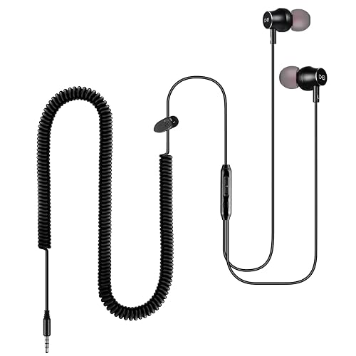 Extra Long Earbuds for TV & PC, with 12FT Spring Coiled Extension Cable, Volume Control & Mic, in-Ear Wired Headphones for 3.5mm Audio Output Devices