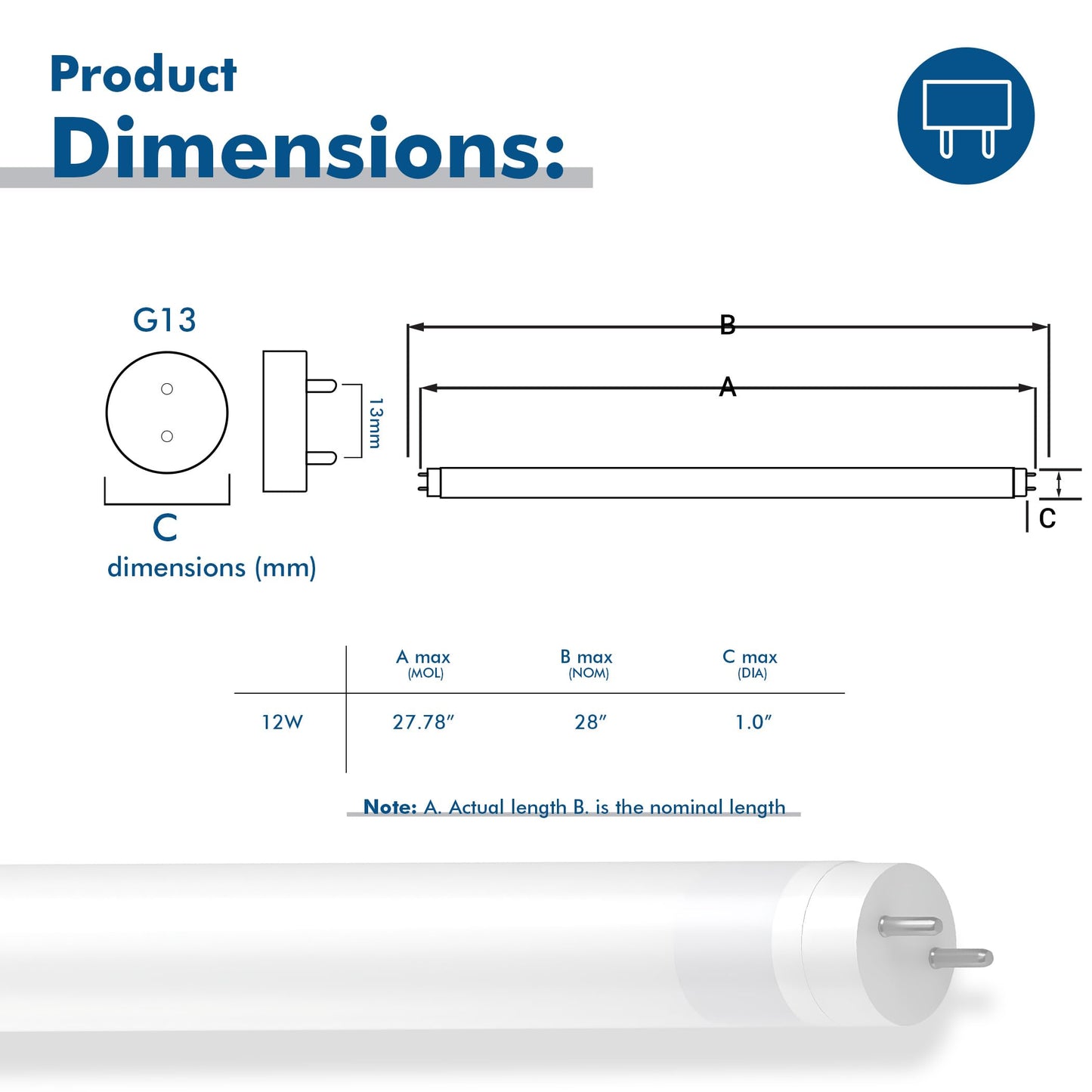 28 in. T8 G13 LED, F25T12, F28”T8, F18T8, F17T8, Type A, 4100K, Frosted