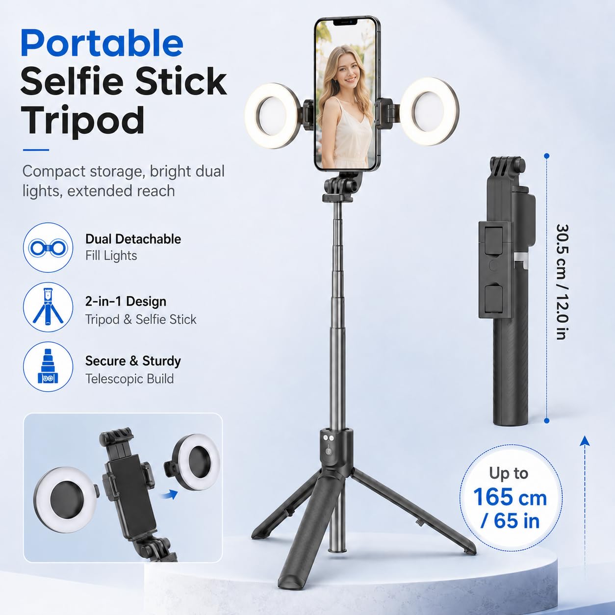 Black Tripod for iPhone with Light, Ring Light Holder for iPhone, Adjustable Selfie Stick Stand with Fill Light, Extendable Phone Tripod for Video