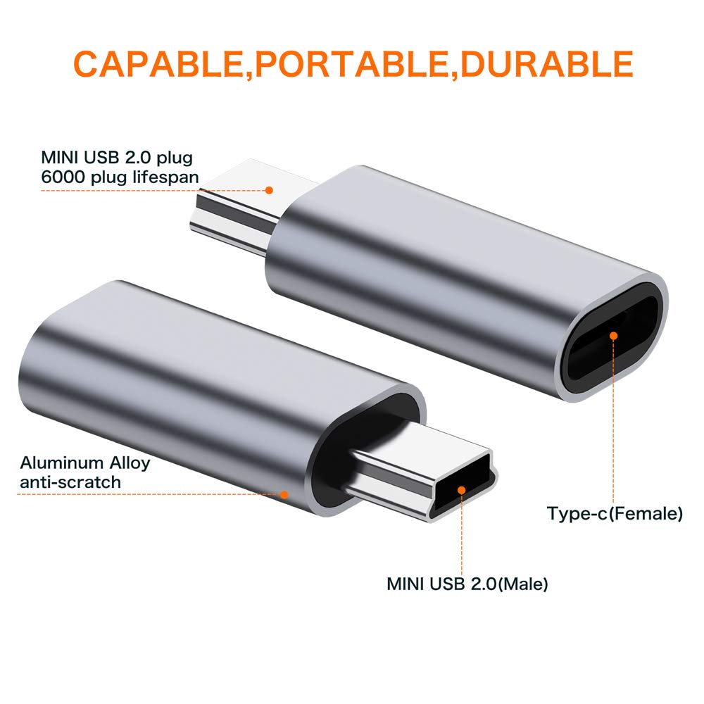 USB C to Mini USB 2.0 Adapter, (2-Pack)Type C Female to Mini USB 2.0 Male Convert Connector Support Charge & Data Sync Compatible GoPro Hero 3+, MP3…