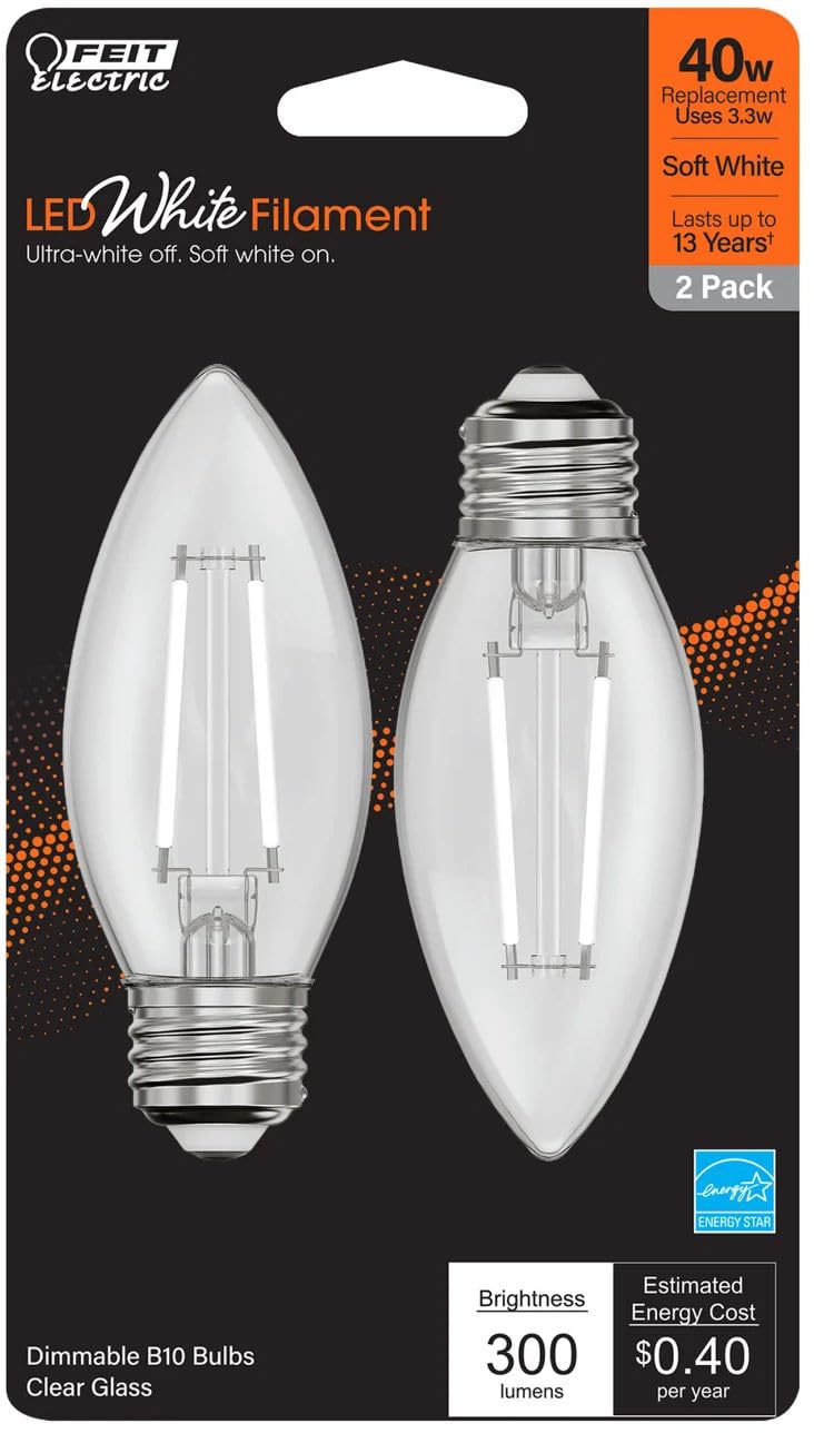 Feit LED Filament B10 E26 (Medium) Filament LED Bulb Soft White 40 Watt Equivalence 2 pk