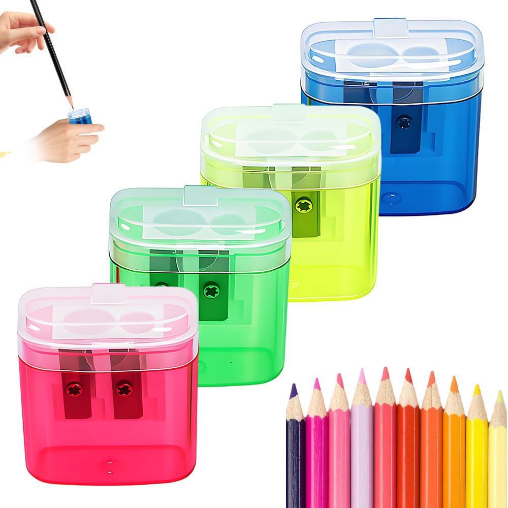 Pencil Sharpeners, Handheld Pencil Pharpener with Lid, 2 Holes Mini Compact Colored Pencil Sharpener Manual for Classroom, Back to School, Home