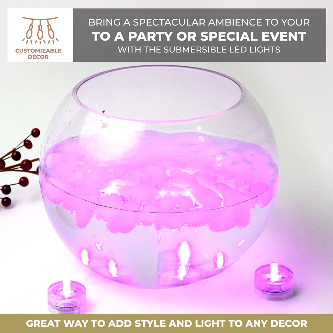 LumaBase Submersible Battery Operated LED Lights, Pink - Set of 12