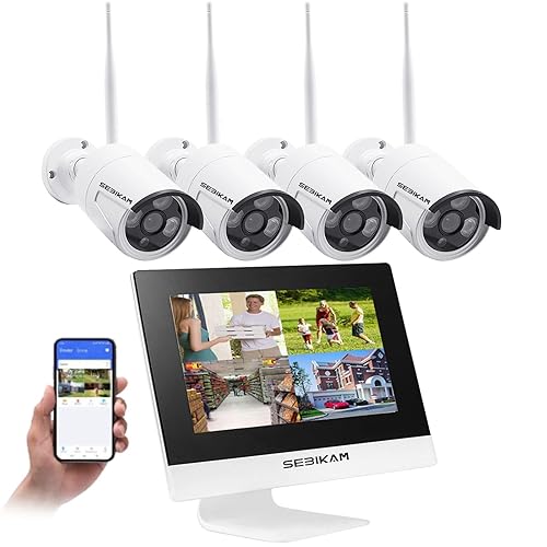 SEBIKAM 2K Wireless Security Camera System, All-in-One with 10" LCD Monitor, 4pcs 3MP Outdoor WiFi IP Cameras, Two-Way Audio, Easy Setup, Night