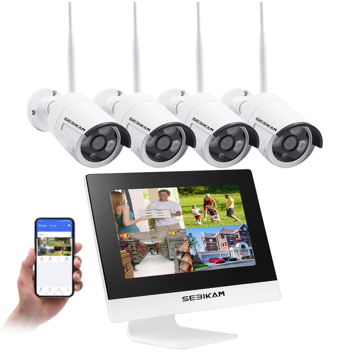 SEBIKAM 2K Wireless Security Camera System, All-in-One with 10" LCD Monitor, 4pcs 3MP Outdoor WiFi IP Cameras, Two-Way Audio, Easy Setup, Night