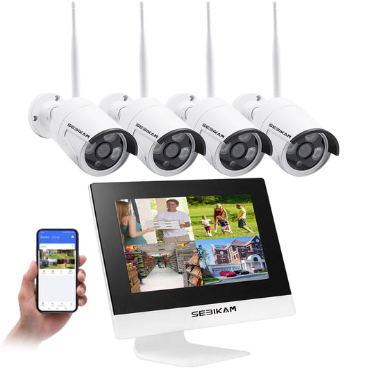SEBIKAM 2K Wireless Security Camera System, All-in-One with 10" LCD Monitor, 4pcs 3MP Outdoor WiFi IP Cameras, Two-Way Audio, Easy Setup, Night