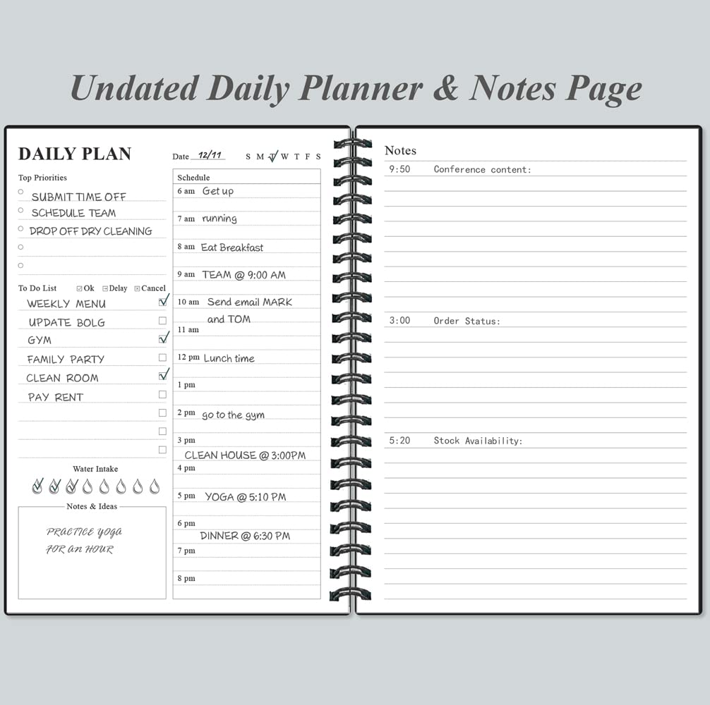 Daily Planner Undated - A5 To Do List Notebook Hourly Schedules, Spiral Appointment Planner for Women and Men, PVC Hardcover, Inner Pocket, Elastic