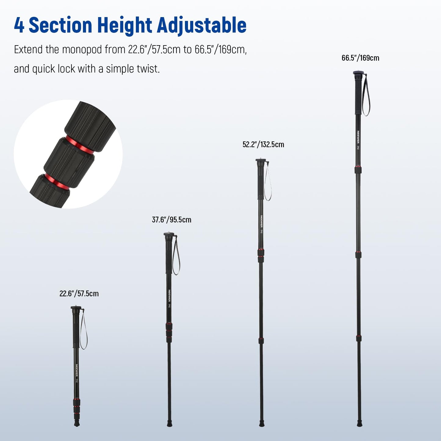 NEEWER 66.5" Camera Monopod Stand, Lightweight Aluminum Travel Selfie Stick for DSLR Camcorder Photography & Video Recording, 1/4" & 3/8" Screw