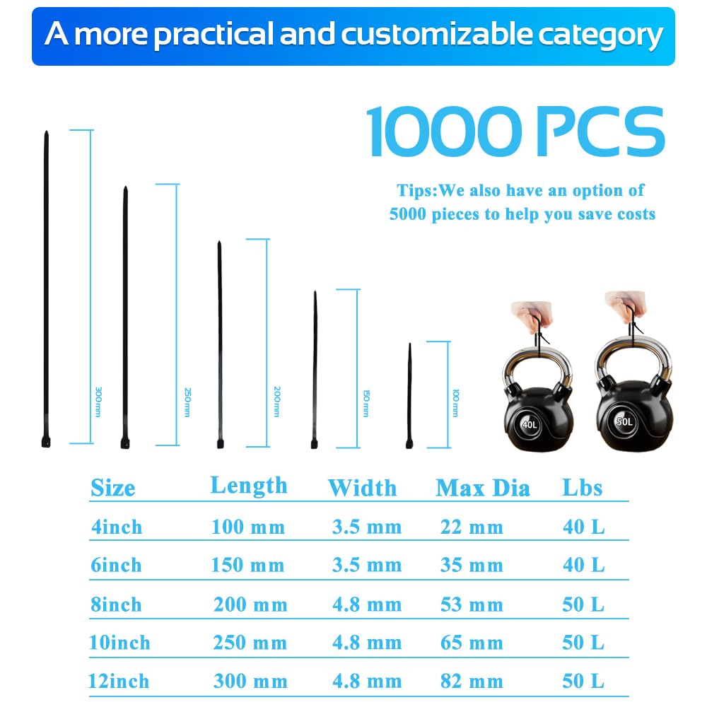 COMRUN 1000pcs 10Inch Nylon Zip Ties, 50 Pounds Tensile Strength, Black Cable Tie,Industrial Grade,UV Resistant,Heavy Duty,for Home,Garden