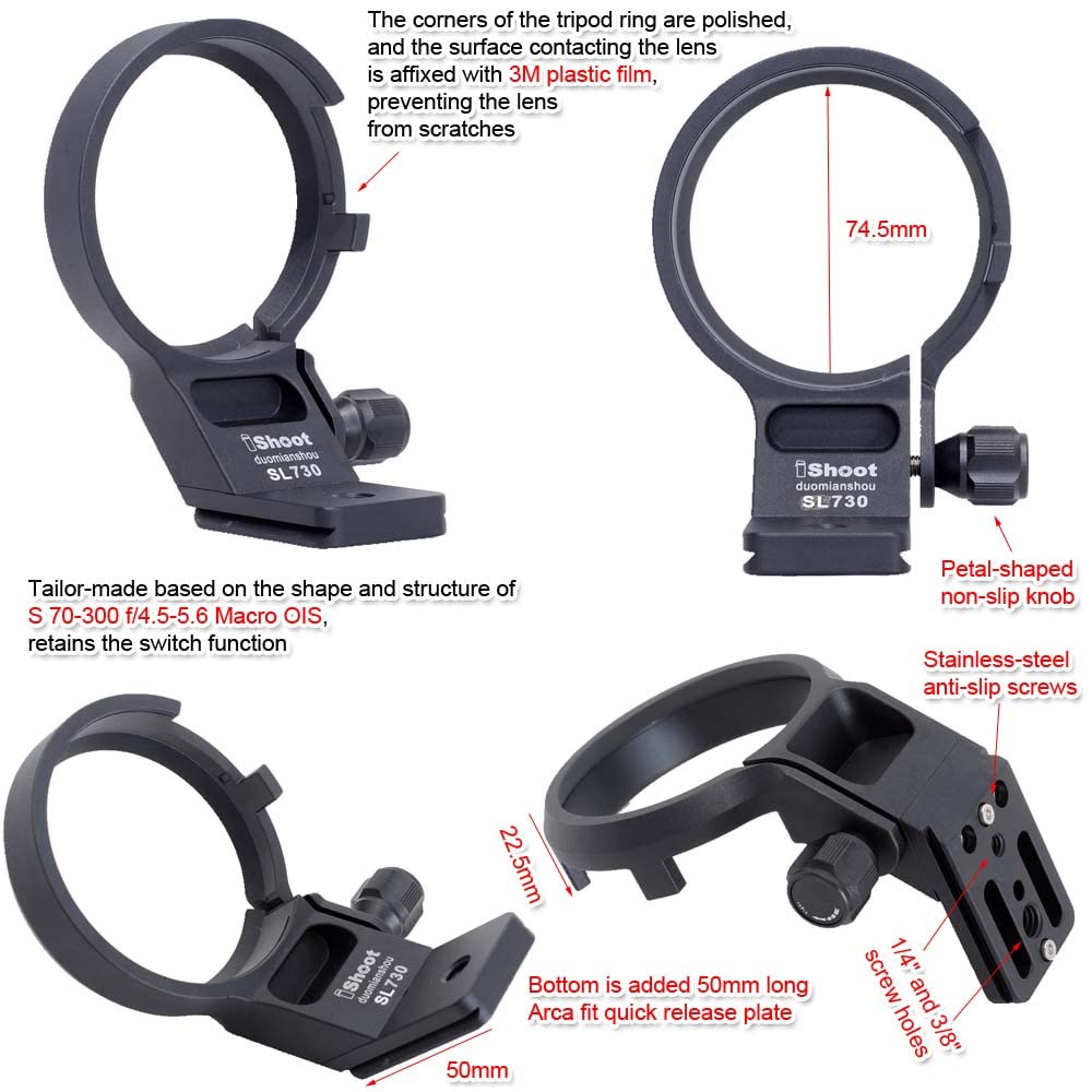 iShoot Lens Collar Tripod Mount Ring Socket Compatible with Panasonic Lumix S 70-300 f/4.5-5.6 Macro OIS, Metal Lens Support Holder Bracket Bottom is