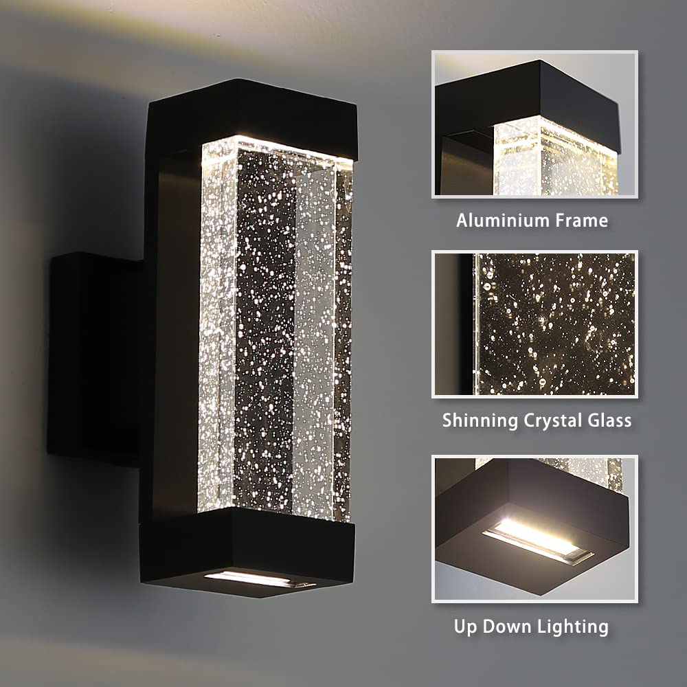 Cerdeco Modern Crystal Bubble Outdoor Wall Light, Matte Black Painted, 12 W 3000 K Warm White Up Down Light Fixture