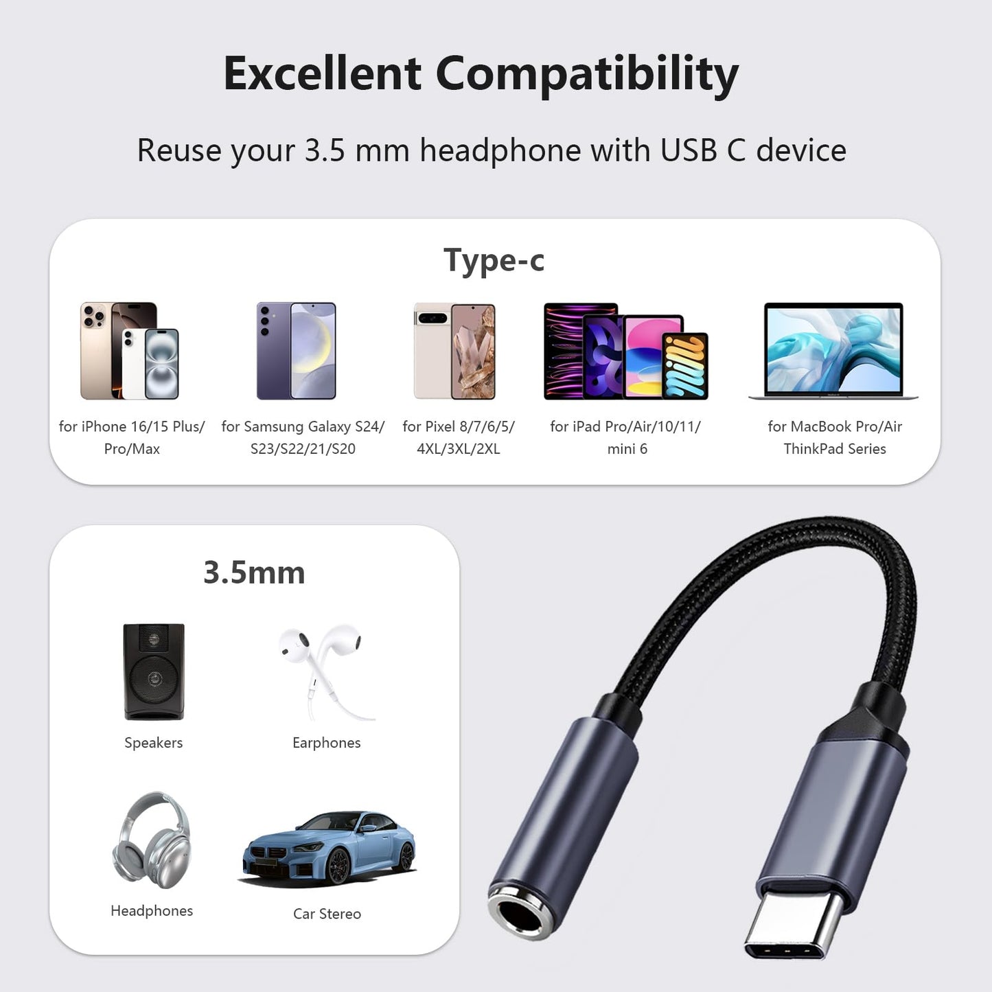 5 Pack USB C to 3.5mm Headphone Jack Adapter Type C Audio Aux Cable Dongle Compatible with iPhone 16/15/15 Plus/15 Pro/15 Pro Max/iPad/Pixel, Samsung