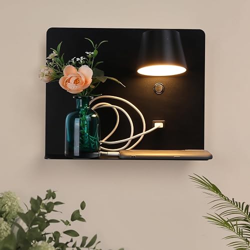 COSYLUX Modern LED Wall Sconce with Shelf, 2in1 Design Plug in & Hardwired Reading Wall Lamp for Bedroom Bedside, 6W,450lm,2700K Rotatable Wall Light