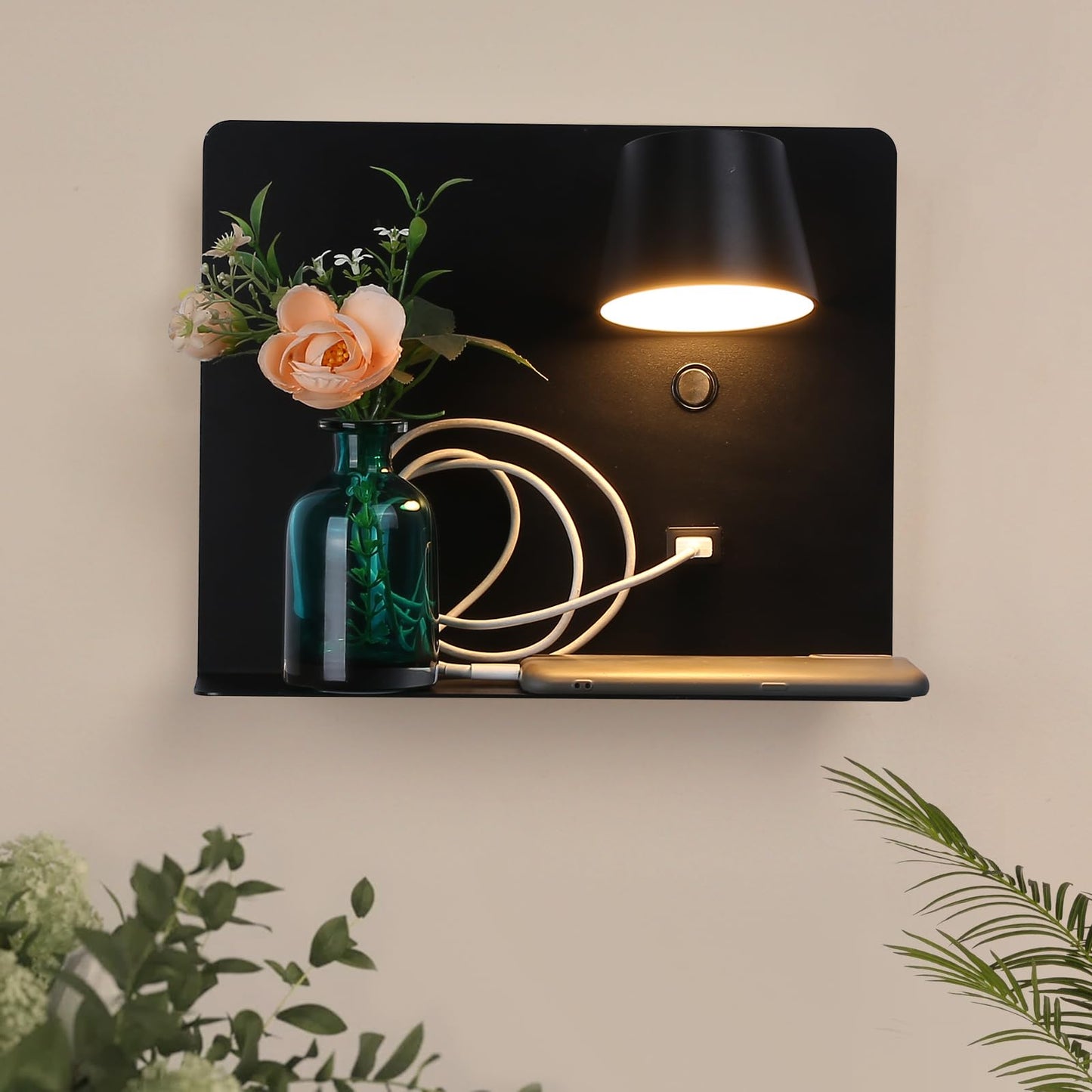 COSYLUX Modern LED Wall Sconce with Shelf, 2in1 Design Plug in & Hardwired Reading Wall Lamp for Bedroom Bedside, 6W,450lm,2700K Rotatable Wall Light