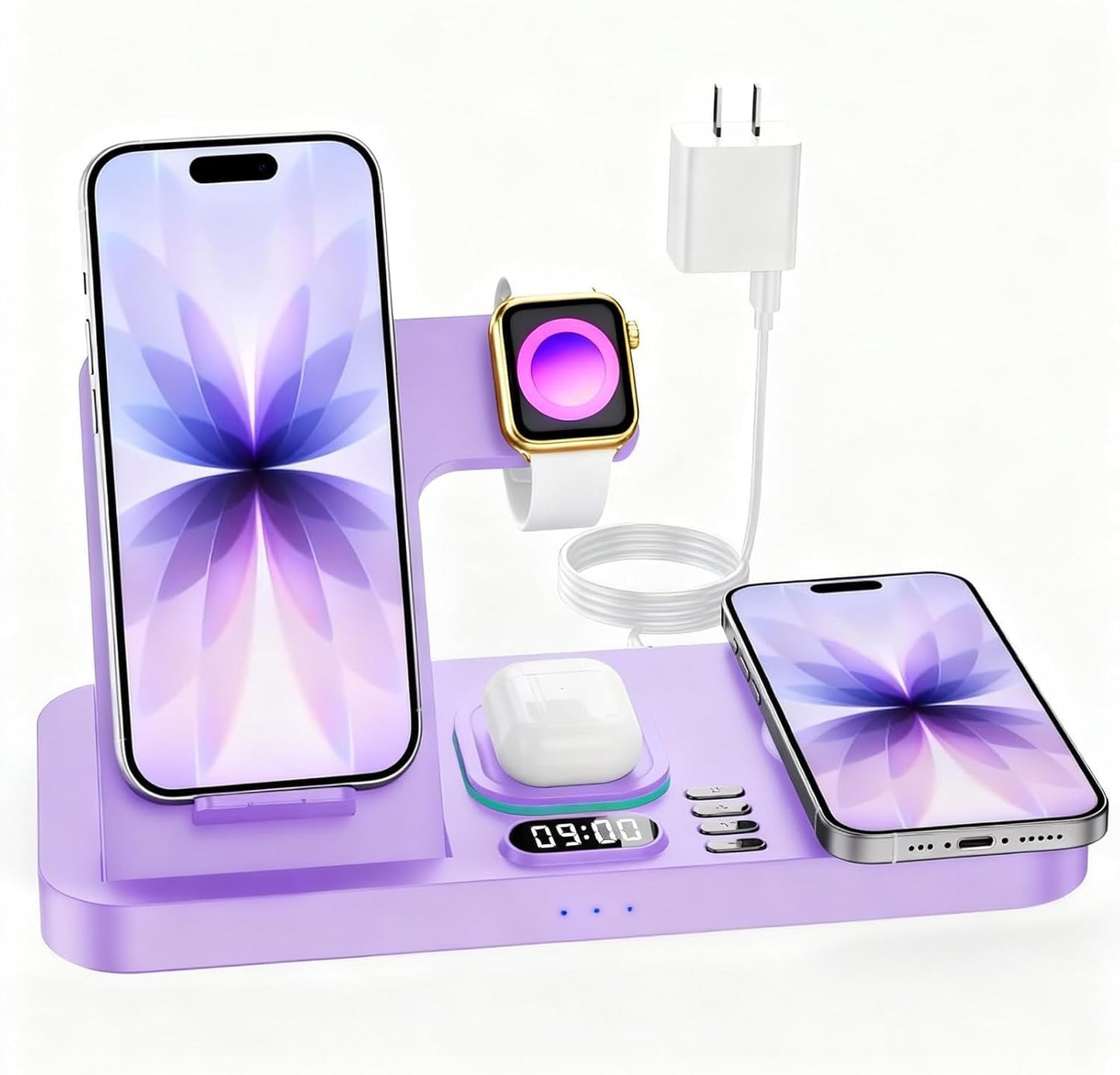 Dual Phone Wireless Charging Station for Apple Devices, Magnetic Charging Station for iPhone with Auto Switch 7-Color Light&Clock,Family Watch Charger