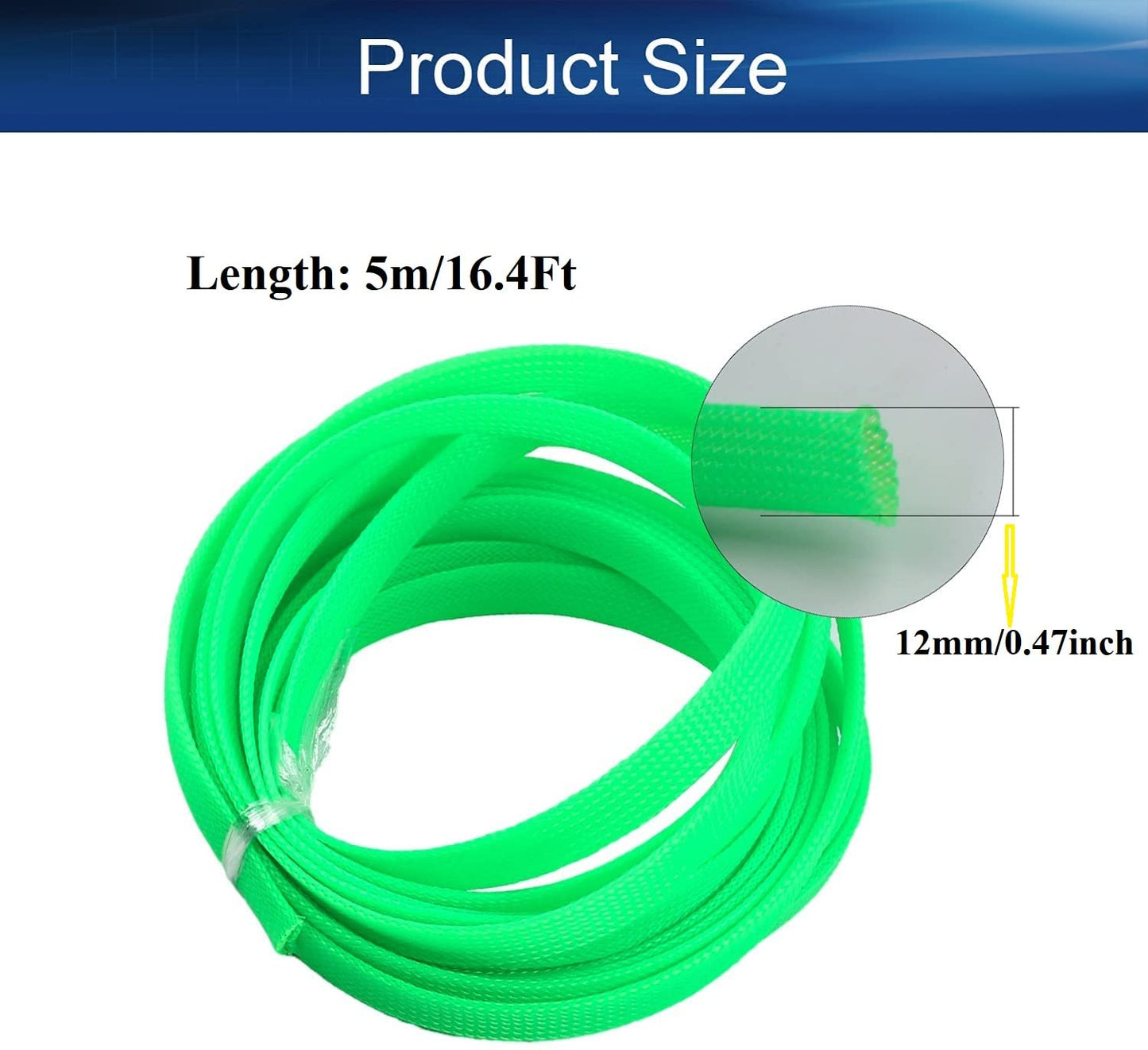 Bettomshin 1Pc 16.4Ft(5m) Cable Management Sleeve, 1/2"(12mm) Width PET Fluorescent Green Cord Protector, Wire Loom Tube Insulated Split Sleeving