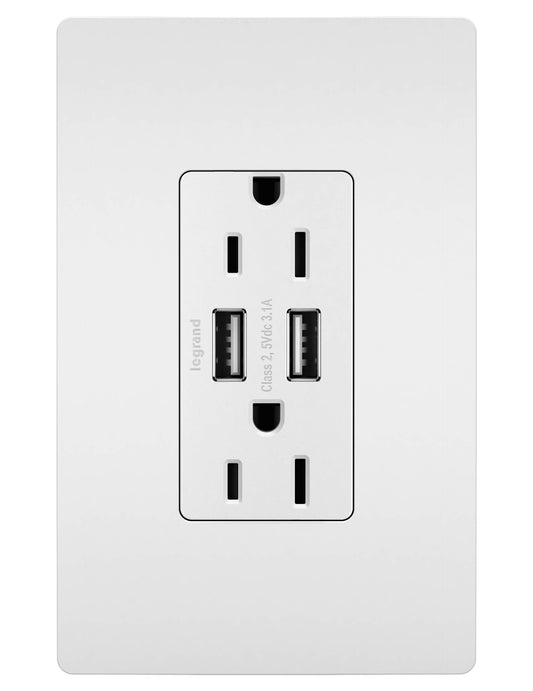 Legrand radiant TM826USBWPWCCV4 15 Amp Decorator Duplex Tamper Resistant Outlet Receptacle with 3.1A Type A USB Charger and Screwless Wall Plate