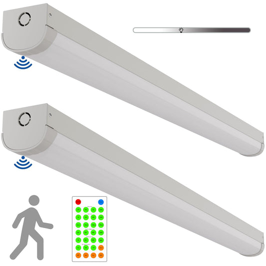 2 Pack 4FT Tri-Level Motion Sensor LED Linear Strip Stairwell Light with Remote, 20W/40W 2500lm/5000lm 5000K, IP20, 100-277V, Dimmable 4 Foot