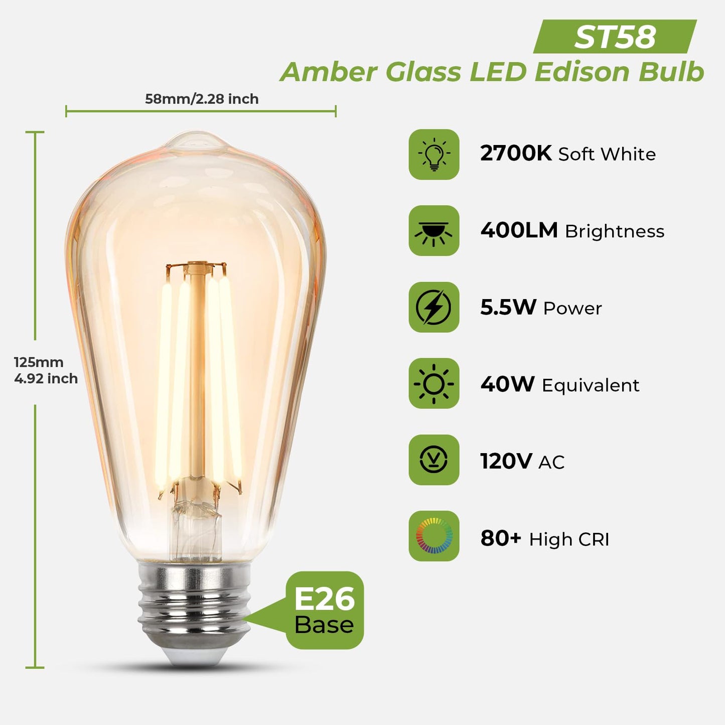 Sigalux LED Edison Bulbs 40 watt Equivalent, E26 Light Bulb Dimmable, Soft White 2700K, Amber Glass ST58 Vintage LED Bulbs, 90+ CRI, 4.5W 400LM, E26