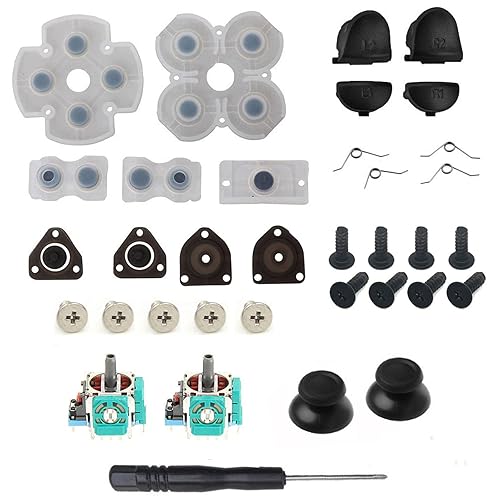 Onyehn L1 R1 L2 R2 Trigger Springs Replacement Parts Buttons,3D Analog Joysticks Thumb Sticks Cap Conductive Rubber Screwdriver Kit for PlayStation 4