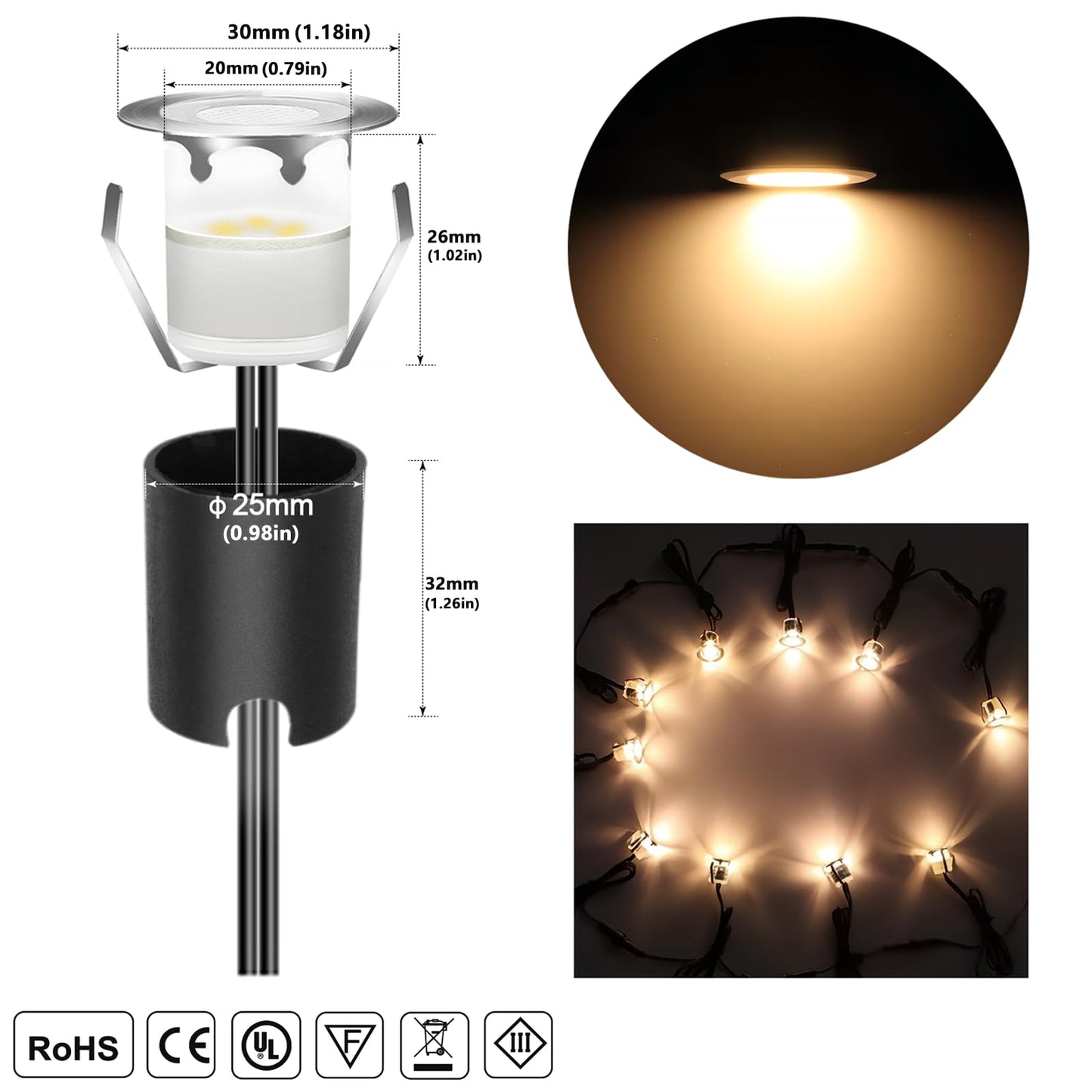 Rnehon LED Deck Light Kits with Protecting Shell, Recessed 12V Low Voltage Landscape Lights Waterproof IP65 Outdoor for Garden,Yard