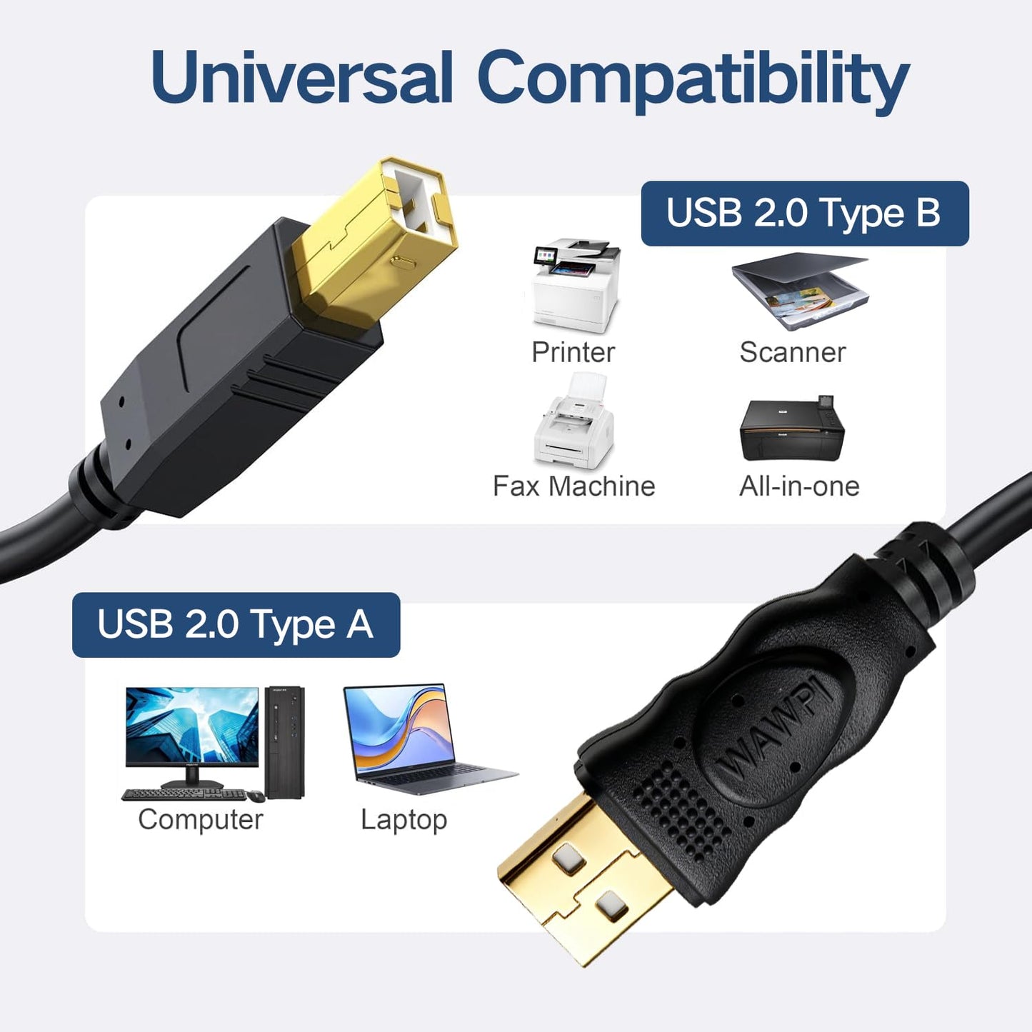wawpi USB Cable 25 ft Gold-Plated USB 2.0 Cable - A-Male to B-Male - Printer/Scanner-25 Feet (8 Meters)