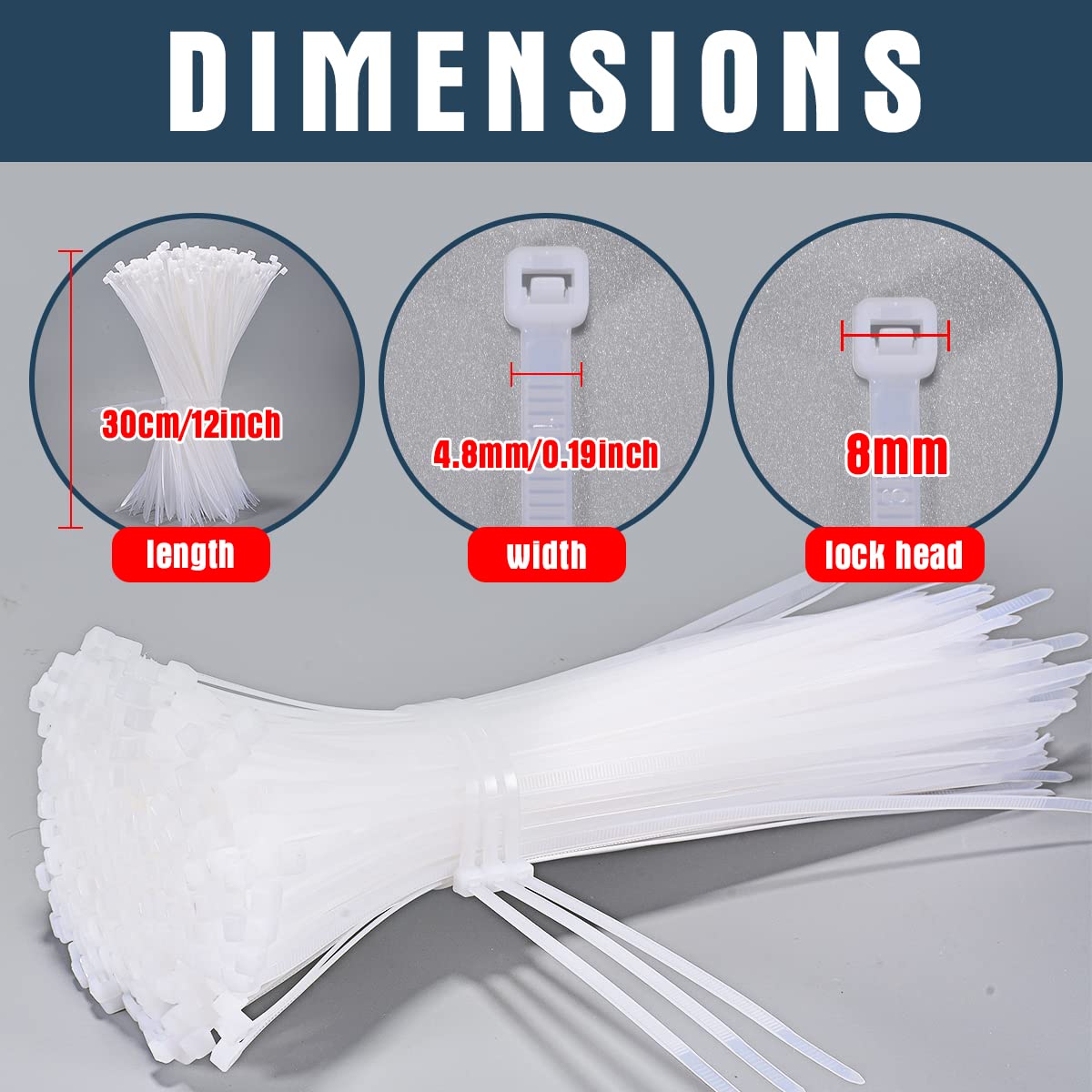 12 Inch White Zip Ties 1000 Pack Bulk, 50 lbs Heavy Duty Nylon Cable Ties, UV Resistant Self Locking Wire Ties for Commercial, Garden, Indoor Outdoor