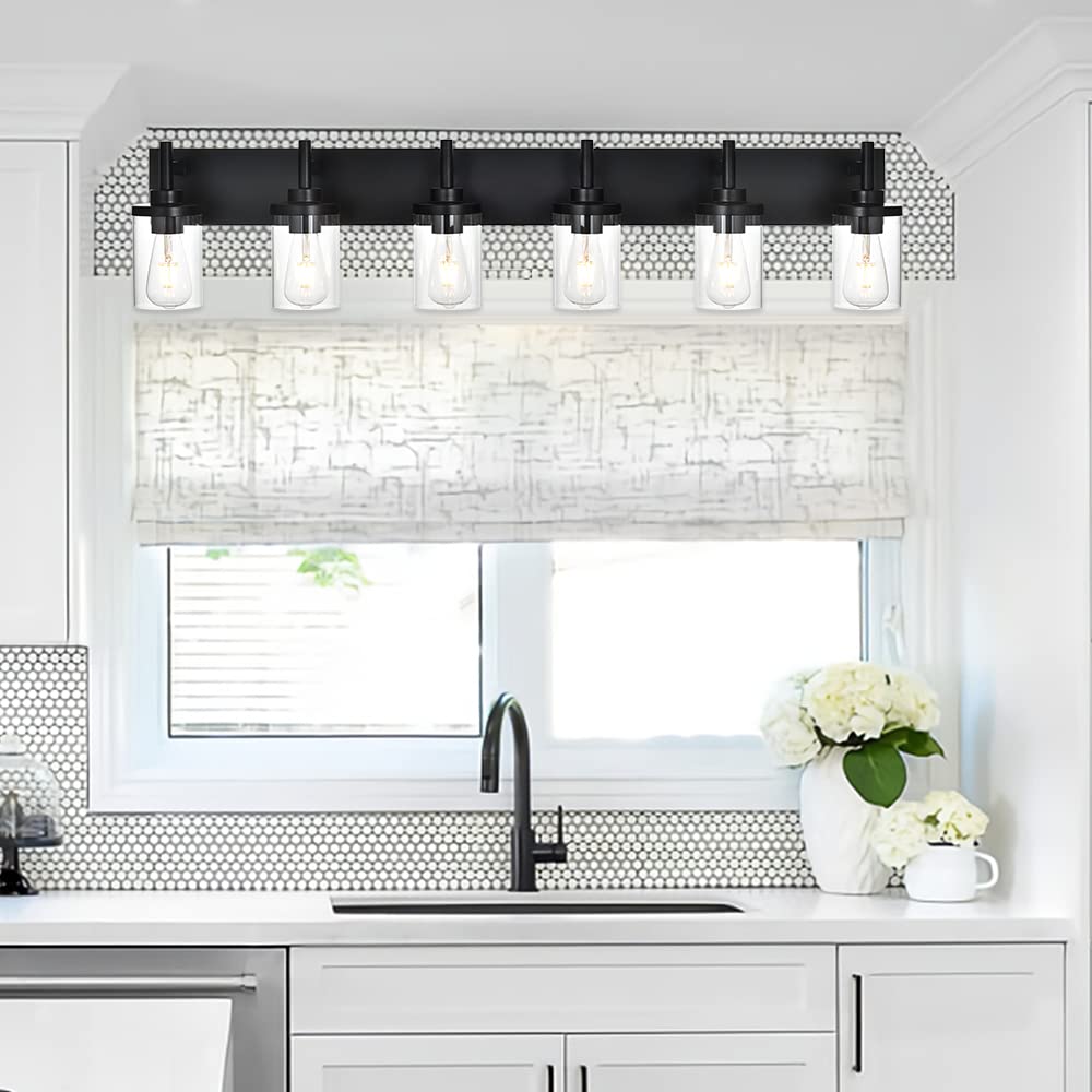 QueeuQ Modern Black Bathroom Vanity Light,6 Light Industrial Bathroom Light Fixtures Over Mirror with Clear Glass Shade Sconces Wall Lamp Lighting