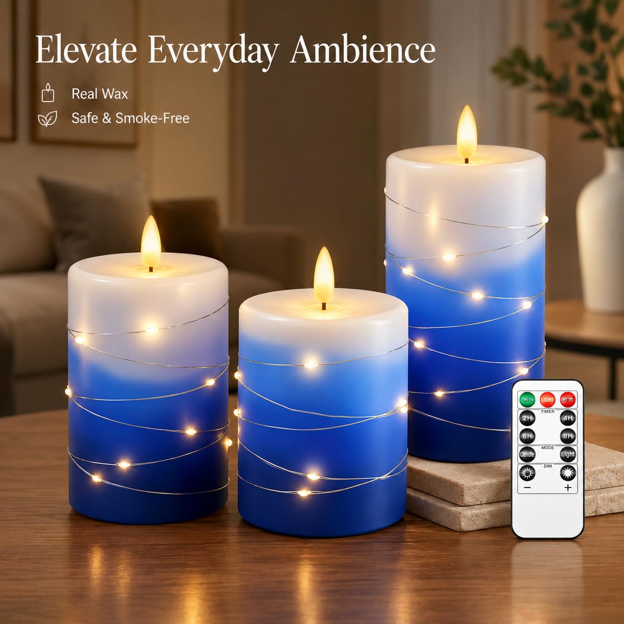 haitanghua Blue Flameless Candles Set of 3, Real Wax with Remote Timer