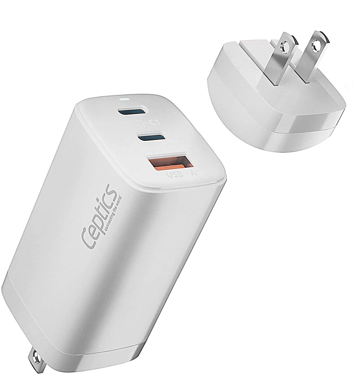 Ceptics USB C Wall Charger, 65W Ultra Compact with Quick Charge 3.0 PD Power Delivery - GAN TECH - Small USB + Dual USB-C - 3 Ports Total - Powerful