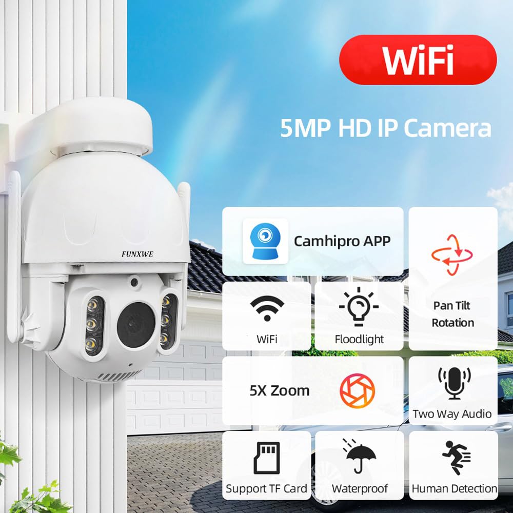 funxwe 5MP 5X Optical Zoom PTZ Security IP Camera, WiFi 2.4GHz 5GHz Motion Auto Tracking Pan Tilt Dome Camera, Motion Detection Siren Alarm Color