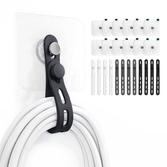 Hanging Cable Organizer System with Self Adhesive Hooks - Silicone Cord Ties for Kitchen Appliances, Power Tools, Computer Cords & Phone Chargers