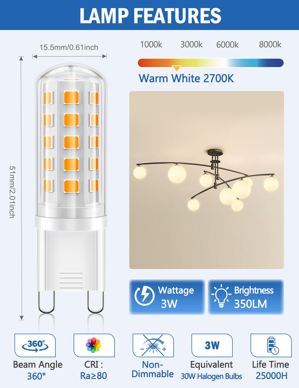BRVHOZX G9 Led Bulb Warm White, 3W, 350LM, 2700K, Equivalent to 30-40W Halogen, No Flicker, Non-Dimmable, 360°Beam Angle, AC 100-120V, Bi-pin Ceramic
