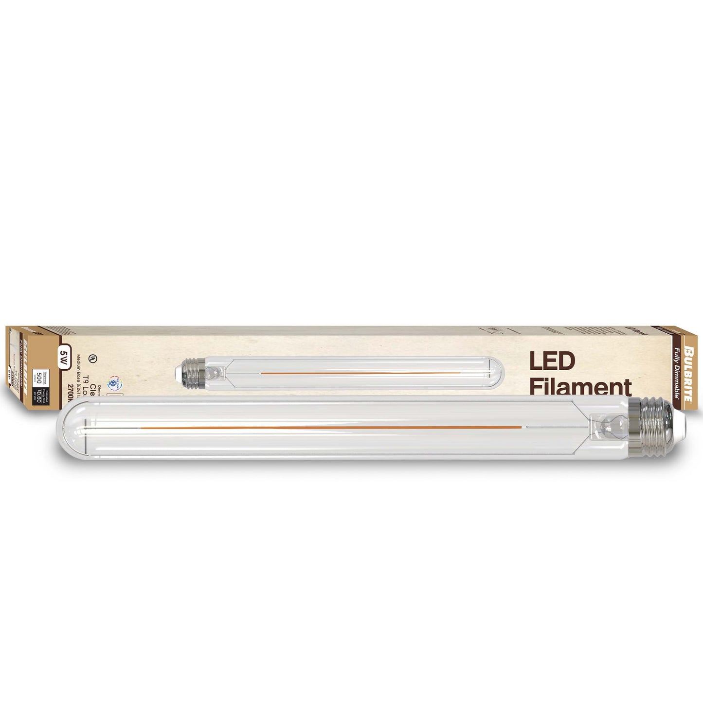 Bulbrite LED Filament T9L Bulb, 2700K, Fully Compatible Dimming, 5W, E26 Base, 350 Lumens, 120V, CRI 90, Warm White Light, Decorative