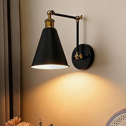 Lifora Hay Swing Arm Wall Sconce Black Gold, 7" Farmhouse Wall Light with Metal Cone Shade, Adjustable Dual-Joint Arm, Industrial Wall Lamp