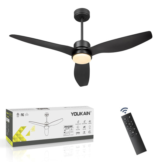 YOUKAIN 52-Inch Indoor Outdoor Ceiling Fan with Lights, Remote, Matte Black