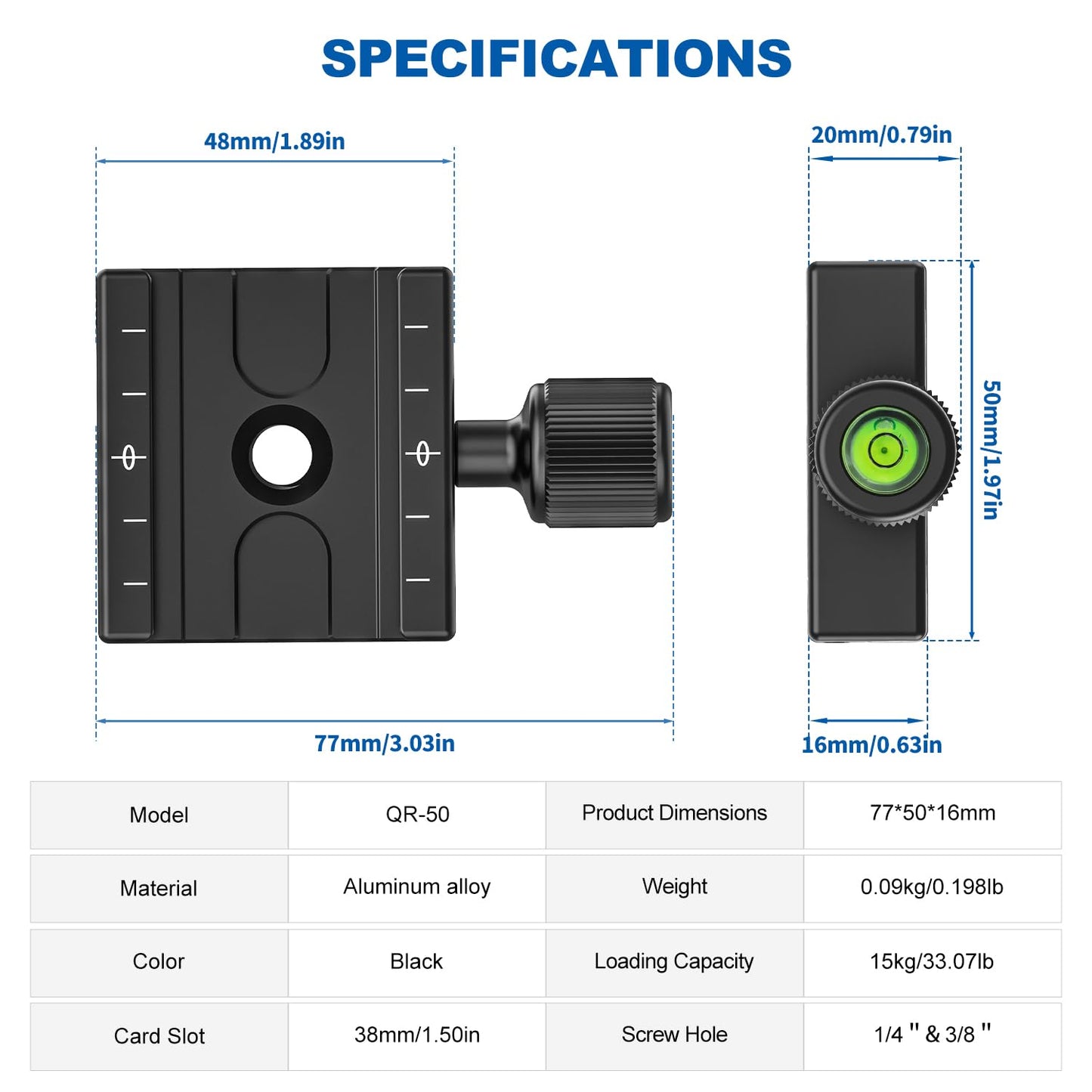 CAVIX QR-50 50mm Quick Release Clamp with 3/8"-1/4" Screw Adapter for Camera Tripod Head Compatible with Arca Swiss Type Plate