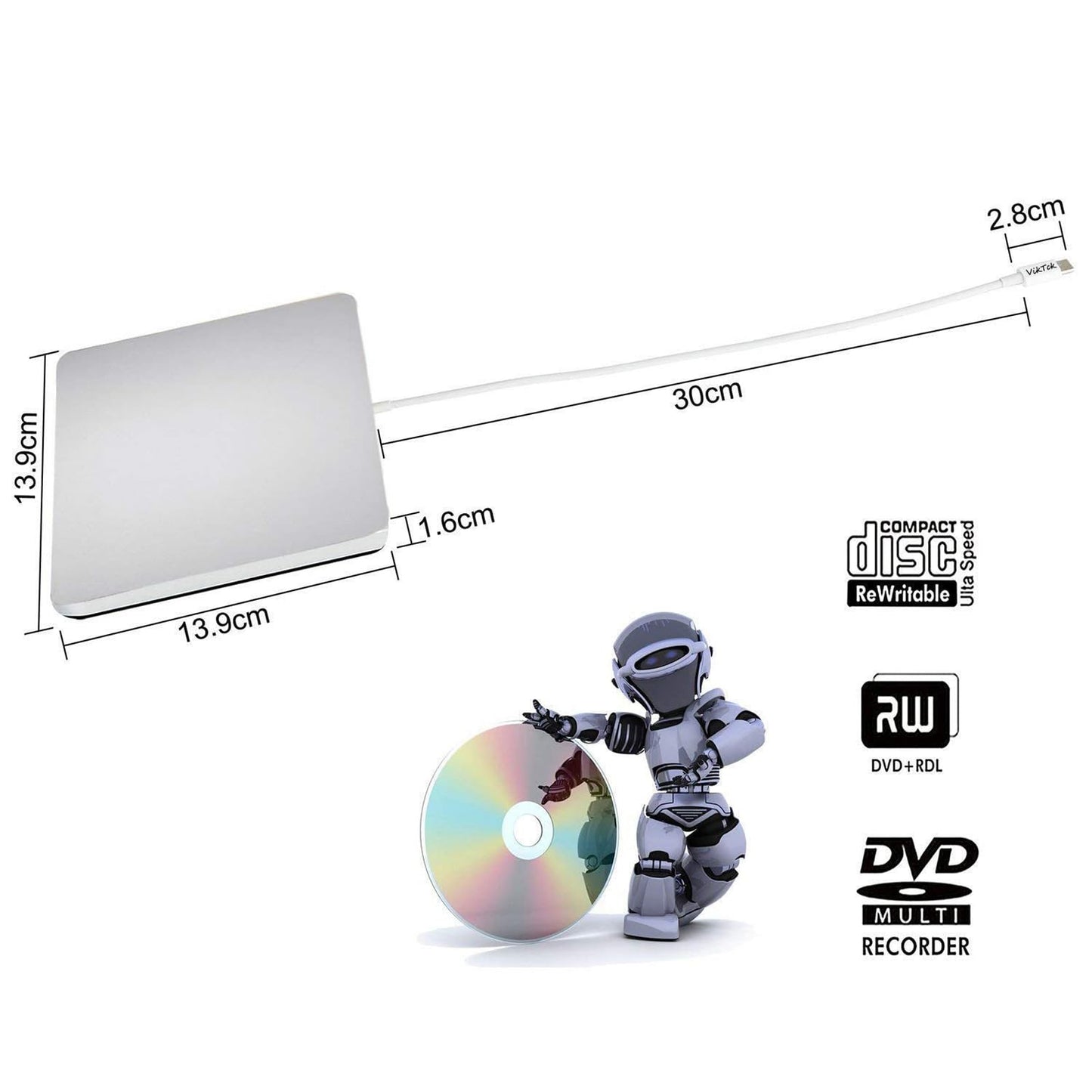VikTck External USB-C SuperDrive DVD CD Drive Portable DVD CD Reader/Burner for Apple-MacBook Air/Pro/iMac/Mini/MacBook Pro/ASUS/DELL/Laptop