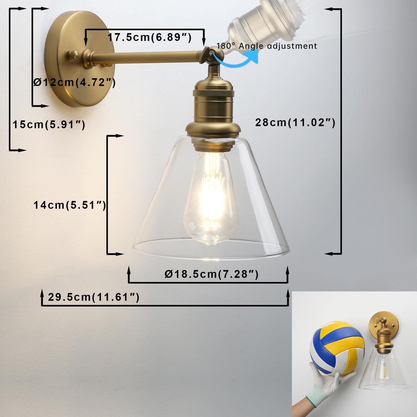 Yosoan Indoor Wall Sconce Fixture Light, 1-Light Modern Single Antique Brass Vintage Industrial Hardwired with Funnel Flared Clear Glass Shade Lamp