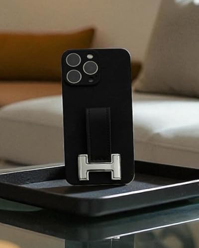 Hero Luxury Phone Grip with Premium Leather Loop, Metal Buckle, Built-in Kickstand (Chrome Buckle + Black Leather)